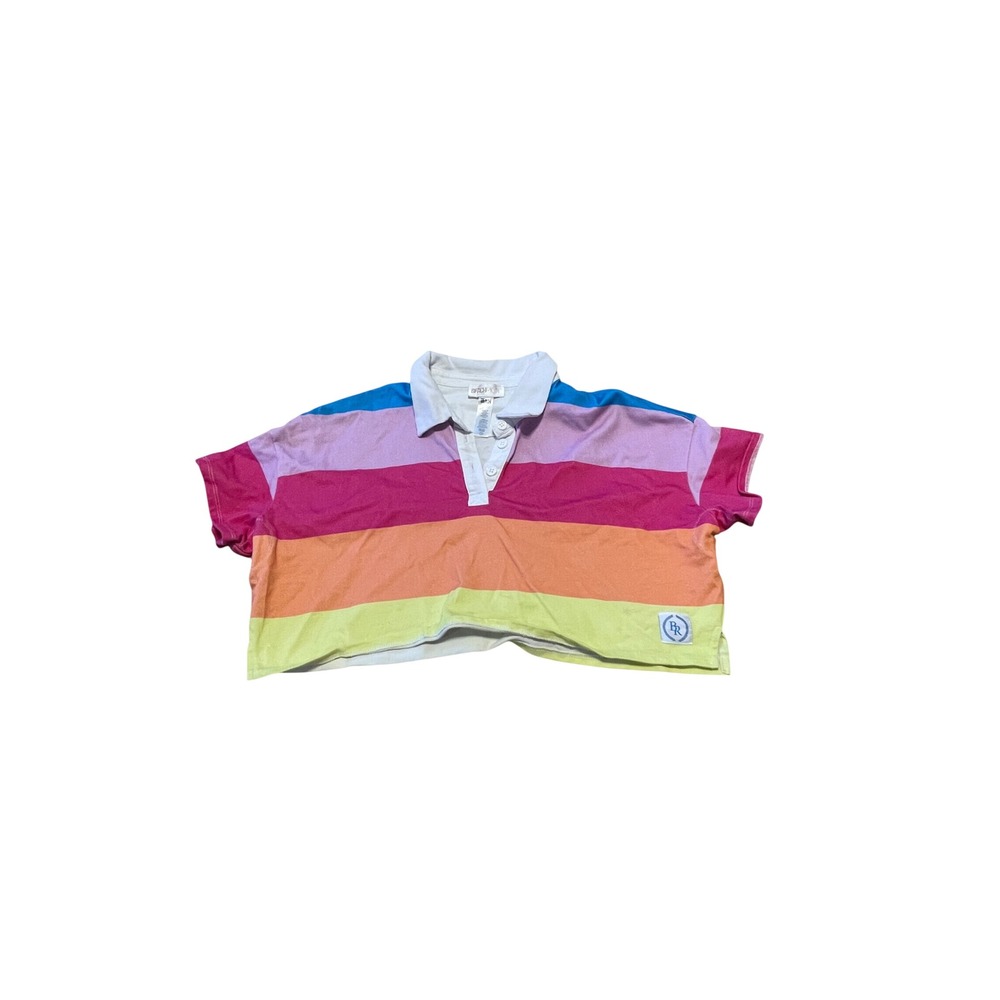 Beach Riot Willa Cropped Short Sleeve Polo Shirt Multi Stripe Pink Yellow Small - Picture 3 of 5